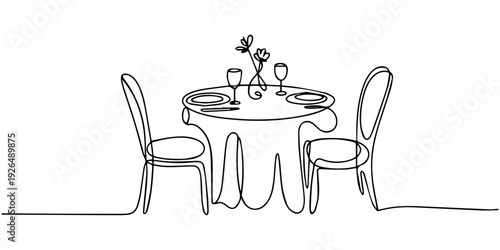 Continuous one line drawing of table with candle vector line art on white background