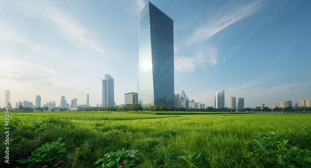 Fototapeta premium Reflective glass skyscraper surrounded by thriving outdoor greenery