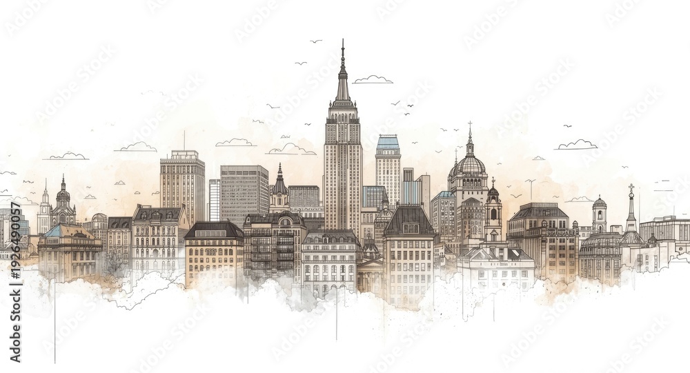 Obraz premium Creative hand drawn cityscape art featuring prominent architectural landmarks