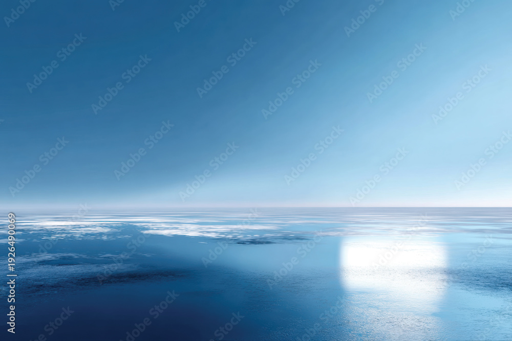 Obraz premium This image depicts an expansive blue ocean illuminated by soft light, creating a dreamlike atmosphere that evokes a sense of peace and contemplation of the vastness.