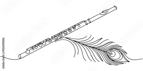 krishna flute continuous one line drawing, krishna flute hinduism line icon vector. krishna flute hinduism sign, flute with peacock feather, Peacock Feather and Flute line art vector design. Peacock.