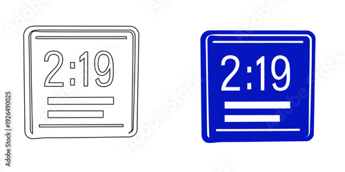 Digital clock display vector icon set featuring blue solid and outline electronic timer illustrations for time management and scheduling.