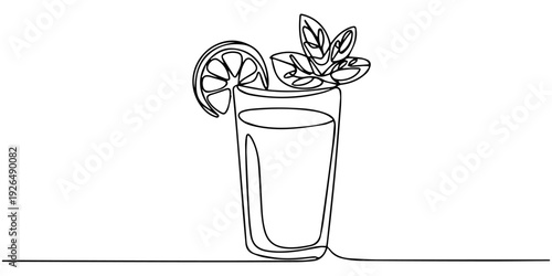 Continuous line drawing of tropical cocktail with straw and lemon slice garnish