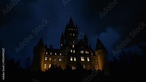 A gothic castle silhouetted against a dark, cloudy night sky, with lit windows