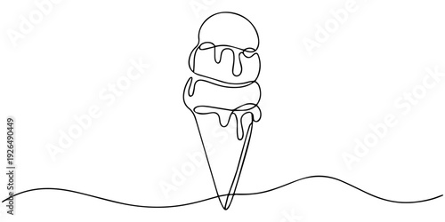 Ice cream, gelato one line vector sketch, continuous outline illustration. one line Icon drawing