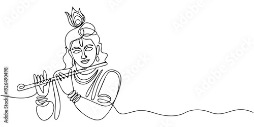 Lord Krishna Playing Flute Continuous One Line Drawing Hindu God Vector Illustration
