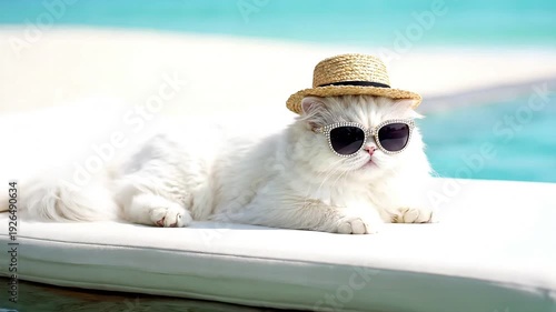 Chic white cat enjoying a luxurious summer vacation by the pool, looking cool and relaxed in its stylish hat and sunglasses