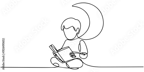 Continuous one line drawing boy sitting on crescent moon reading a book. Metaphor of reading a fairy story before sleeping. Read until late. Love reading. Single line draw design vector illustration