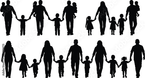 Family walking silhouettes collection showing parents and children holding hands, togetherness, love, care, bonding, parenting, happy family lifestyle concept