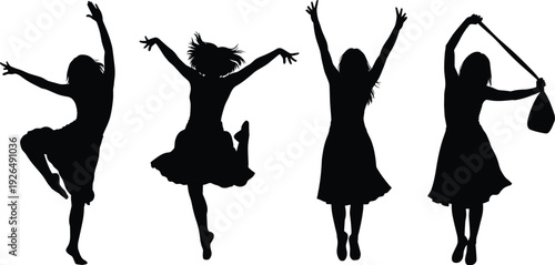 Female silhouettes jumping and dancing showing freedom, happiness, joy, and expressive movement isolated on white background for lifestyle design use