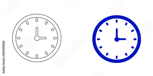 Classic analog wall clock vector icon set featuring blue outline and solid time measurement illustrations for schedule and deadline management.