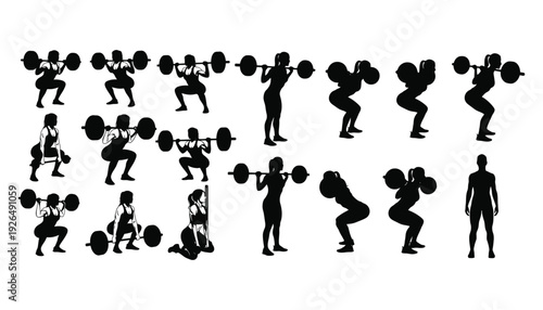 Silhouette collection depicting various weightlifting and fitness exercise poses high quality
