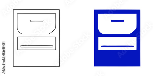 Office filing cabinet vector icon set featuring blue outline and solid document storage furniture illustrations for workplace organization.