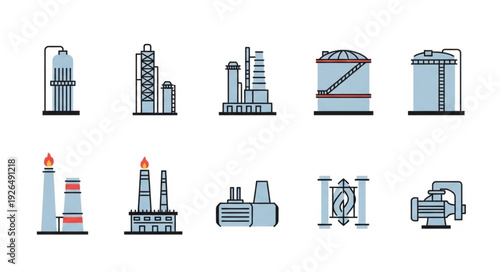 Illustrative depiction of various industrial facilities and structures for energy production.