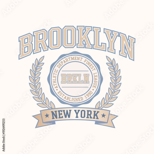 Vintage Brooklyn New York Athletic Department Illustration - Retro BRKLN Finest League Graphic with Laurel Wreath and Established 1990 Badge - Classic Collegiate Varsity Style Apparel T-Shirt Design.