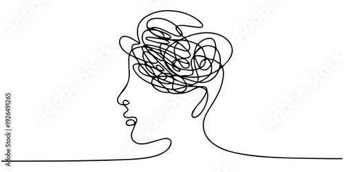 Minimalist line drawing representing mental health and complex thought processes Vector, illustration, Concept of confusion in the head. Continuous One line drawing. Problems stress illness