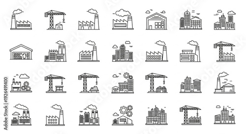 Industrial buildings and construction sites in monochrome style, vector illustration.