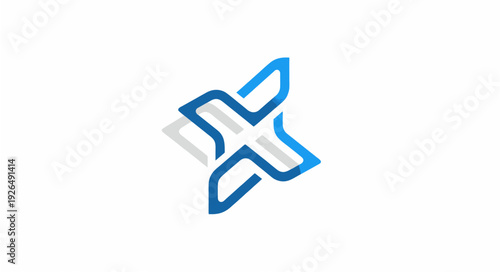 Stylized blue and gray abstract logo or icon with geometric shapes on a plain background viewed directly from the front