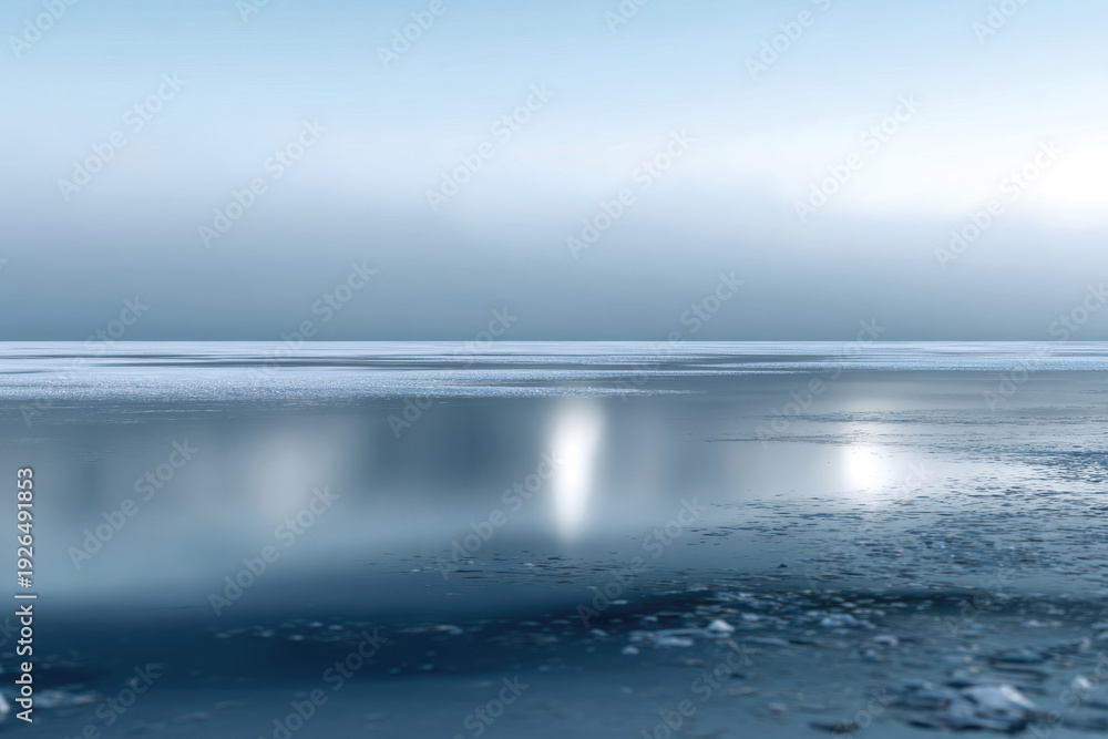Obraz premium This serene landscape image presents a frost-covered lake with a misty horizon, creating a dreamy atmosphere that evokes feelings of tranquility and contemplation.