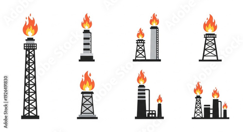 Oil refinery flare stacks burning bright flames in industrial setting.