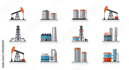 Illustrative collection of various industrial facilities and oil extraction equipment.
