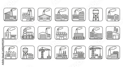 Collection of industrial factory icons representing manufacturing and production facilities in a grid.