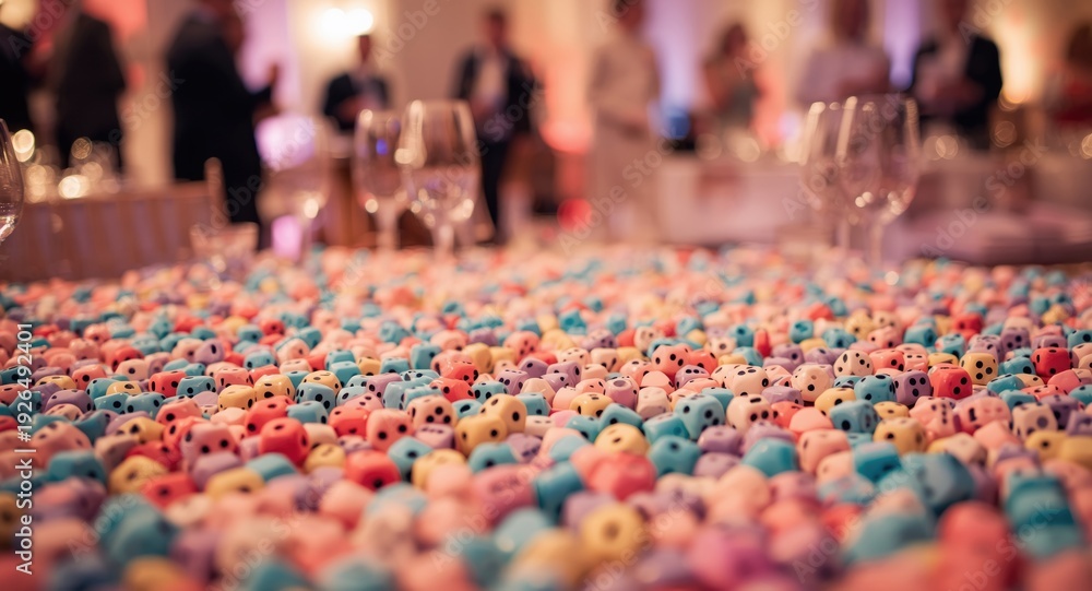 Obraz premium Wedding celebration alive with colorful dice, savory kitchen smells, and joyful guest experiences