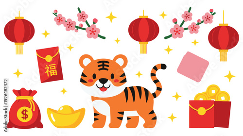 Colorful Chinese New Year elements featuring a tiger and decorations