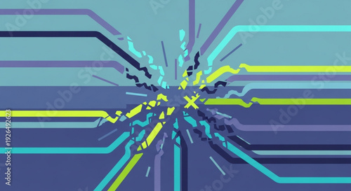 Vibrant digital illustration of colorful electric blue purple and yellow circuit lines exploding in a futuristic tech background with dynamic energy
