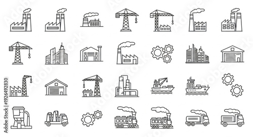 Collection of industrial buildings and construction icons in black and white.