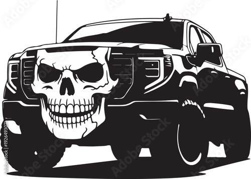 black truck with skull on front grille driving aggressively forward