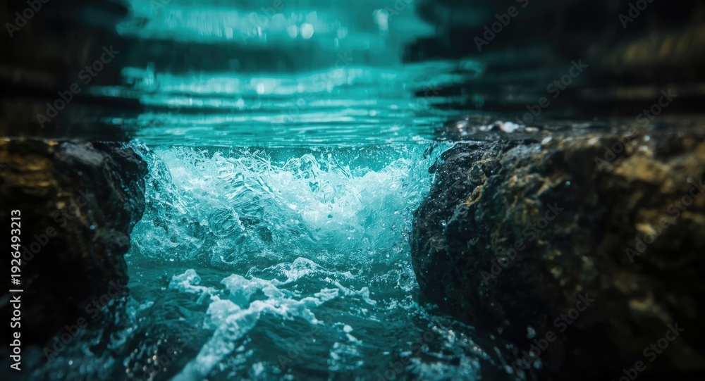 Obraz premium Intimate capture of bright turquoise water rolling past stone formations showing underwater vitality