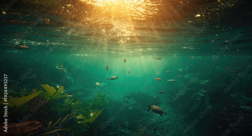 Fototapeta premium Underwater perspective of a forest river showcasing aquatic wildlife and lush plants with copyspace