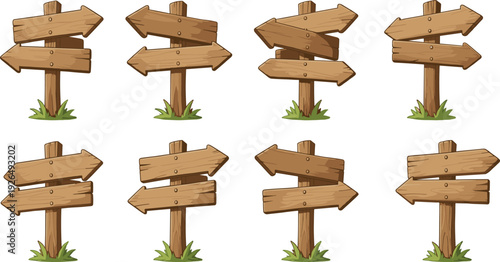 Cartoon wooden directional signpost illustration set featuring eight rustic designs with arrows, grass bases, and varied orientations symbolizing maps, navigation, outdoor signage, and adventure graph