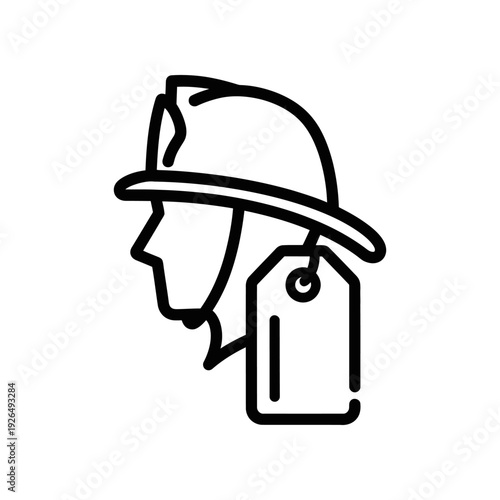 Man with Hard Hat and ID Tag, Simple Line Art, Industrial Safety