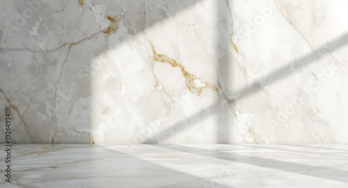 Marble kitchen top with bright sun shine and window frame shadow for clean product display background