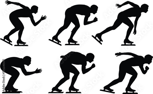 Set of black speed skating silhouettes with athletes in dynamic racing poses isolated on white background for winter sports design.