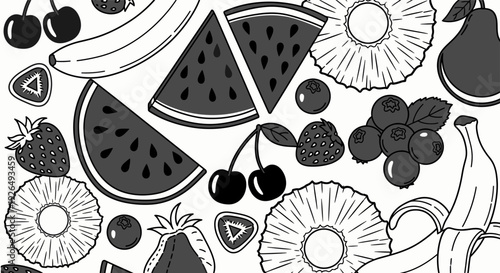Monochrome fruit pattern with watermelon, banana, and berries.