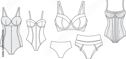 Set of fashion technical sketches featuring various women's lingerie styles including bodysuits bras and high waisted panties for garment design.