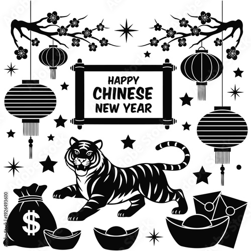 Chinese New Year celebration with lanterns and a tiger