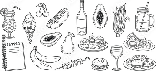 Collection of food and drink line art featuring burgers hot dogs ice cream cocktails fruit and snacks for restaurant menu design
