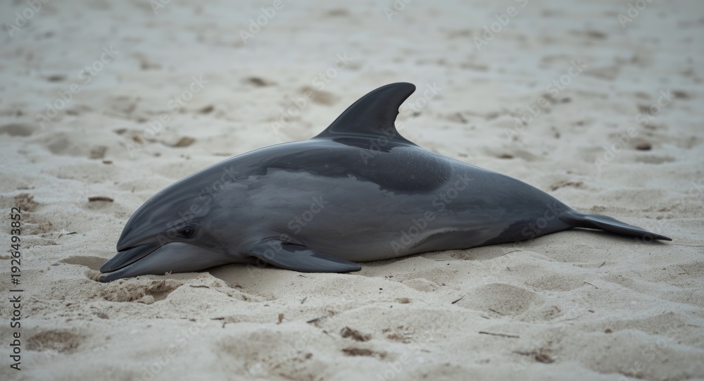 Obraz premium A sorrowful image of a dolphin resting on coastal sand with copy space