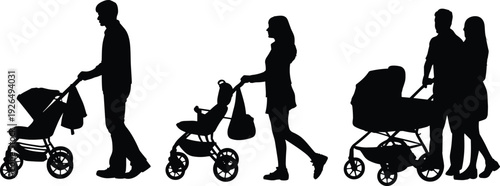 Parents with baby stroller silhouettes isolated on white background, mother and father walking with pram black shadow