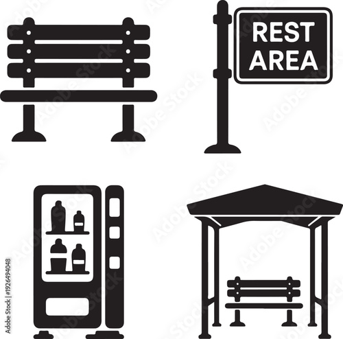 Four black depicting rest area amenities bench rest area sign
