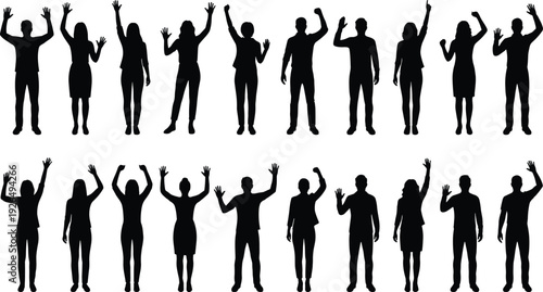 People raising hands silhouette collection, men and women celebrating, voting and cheering isolated on white background set