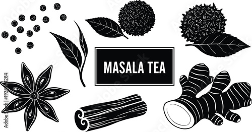 Collection of masala tea ingredients silhouettes featuring ginger cinnamon sticks star anise tea leaves and spices for traditional beverage design