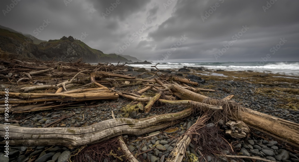 Fototapeta premium Tempestuous coastal environment displaying driftwood amid rough natural debris
