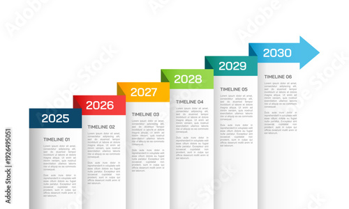 Business plan infographic with arrows six step timeline for presentations, banners, and roadmaps. Vector illustration.