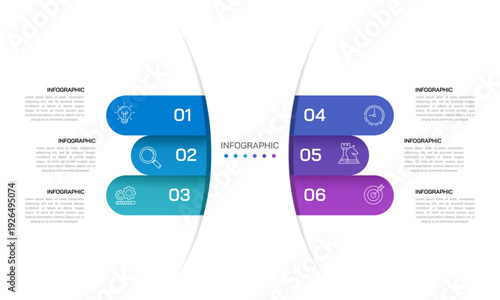 Modern corporate slide template with 6 options. Banners and a strategic business plan. Vector illustration.