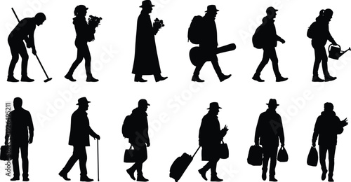 People silhouettes walking with tools bags and equipment isolated on white background, daily work lifestyle concept for professions, labor, illustration, design